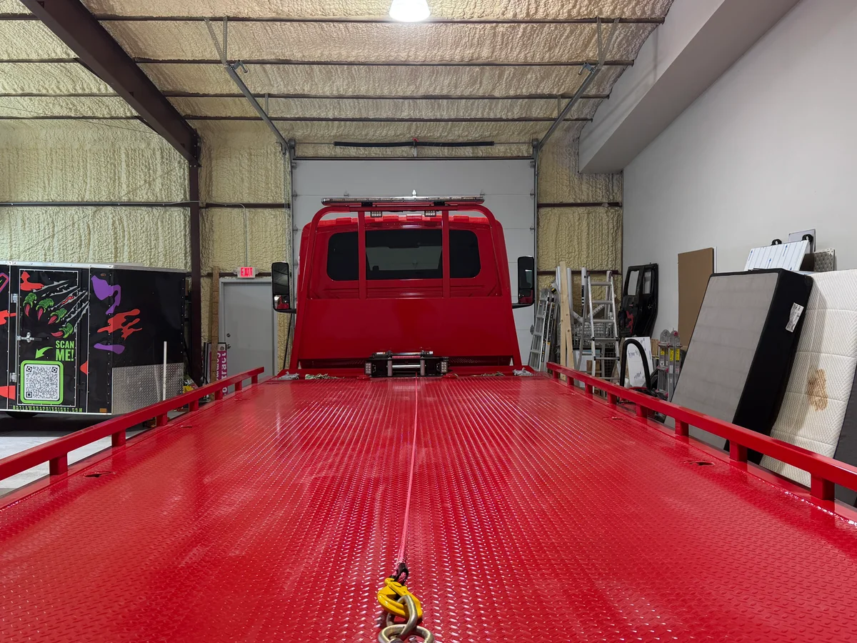 Red commercial flatbed wrap in-progress